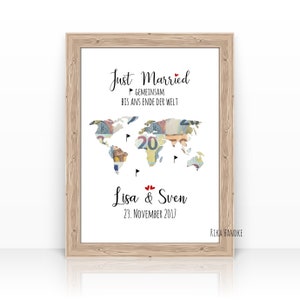 Personalisiertes Hochzeitsgeschenk | Geldgeschenk Karte Weltkarte| Hochzeitsgeschenkidee | Geschenk zum Einzug, Umzug, Haus  | A4 Poster