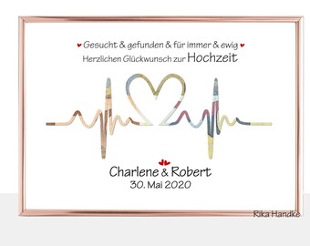 Personalized money gift card for weddings with a heartbeat motif – a creative wedding gift for the bride and groom to frame.