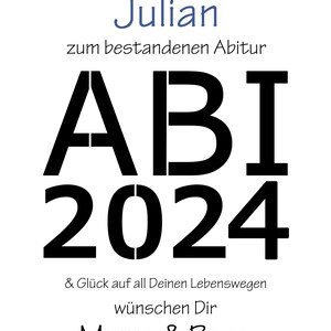 Schulabschluss Geldgeschenk zum Abitur, Abi, Matura 2025. 
Moderne Geld Geschenk Karte, als personalisiertes Poster Geldgeschenk, mit persönlichen Namen, darunter den ausgeschnittenem Abi Schriftzug mit Datum. Hinter dem ausgeschnittenen Motiv wird dann das Geld gelegt. Poster mit dem Geld rahmen und verschenken. Nach der Geldentnahme kann ein Bild hinter dem Schriftzug gelegt werden. Ein perfektes und stilvolles Schulabschluss Geschenk