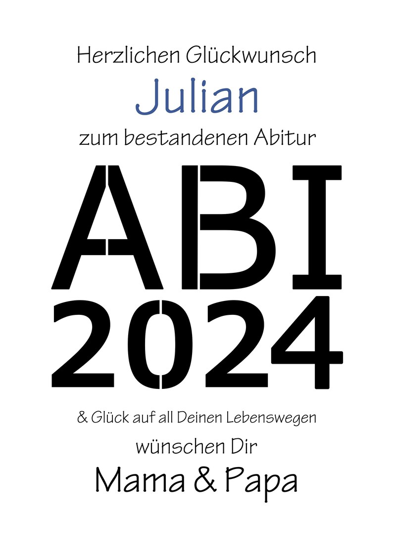 Schulabschluss Geldgeschenk zum Abitur, Abi, Matura 2025. 
Moderne Geld Geschenk Karte, als personalisiertes Poster Geldgeschenk, mit persönlichen Namen, darunter den ausgeschnittenem Abi Schriftzug mit Datum. Hinter dem ausgeschnittenen Motiv wird dann das Geld gelegt. Poster mit dem Geld rahmen und verschenken. Nach der Geldentnahme kann ein Bild hinter dem Schriftzug gelegt werden. Ein perfektes und stilvolles Schulabschluss Geschenk