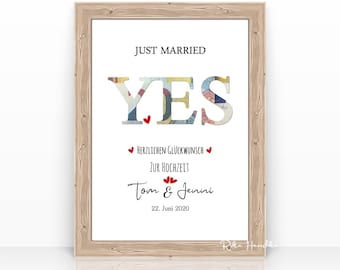 Personalized money gift card for weddings with a "Yes" motif – a creative wedding gift for bridal couples to frame and give as a present