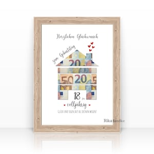 18 Jahre Geldgeschenk Karte zur Geburtstag, volljährig, Haus, Geburtstagsgeschenk, Geld Geschenk mit Namen, Geld verpacken, Geschenkidee A4