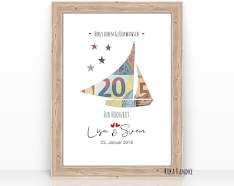 Personalized wedding gift | Money gift card with sailboat | Wedding greeting card | Housewarming gift | A4 poster