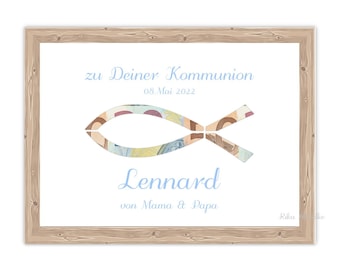 Cash gift card birth + baptism, communion, confirmation congratulations gift, cash gift with name, gift idea baptism fish