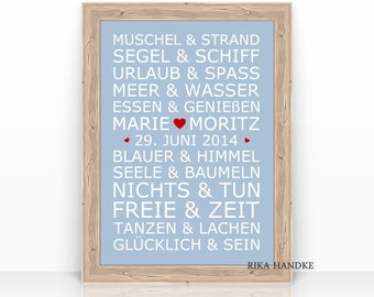 Personalisiertes Geschenk zur Hochzeit, Liebe, Valentin, Jahrestag, wir gehören zusammen wie See & Möwe, wie Muschel + Strand