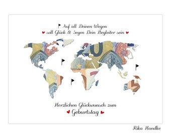 Birthday money gift, birthday present, money gift, world map gift, birthday gift, travel gift idea, A4