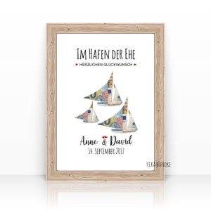 Hochzeitsgeschenk personalisiert Geldgeschenk Karte | Karte Hochzeit | Geschenk Hochzeit Segelboote | Just Married Geschenk | A4 Poster