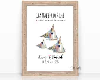 Personalized wedding gift card | Wedding card | Wedding gift sailboats | Just Married gift | A4 poster