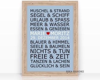 Personalisiertes Geschenk Hochzeit, Hochzeitgeschenk, Geschenk Geburtstag, wir gehören zusammen wie...Muschel & Strand