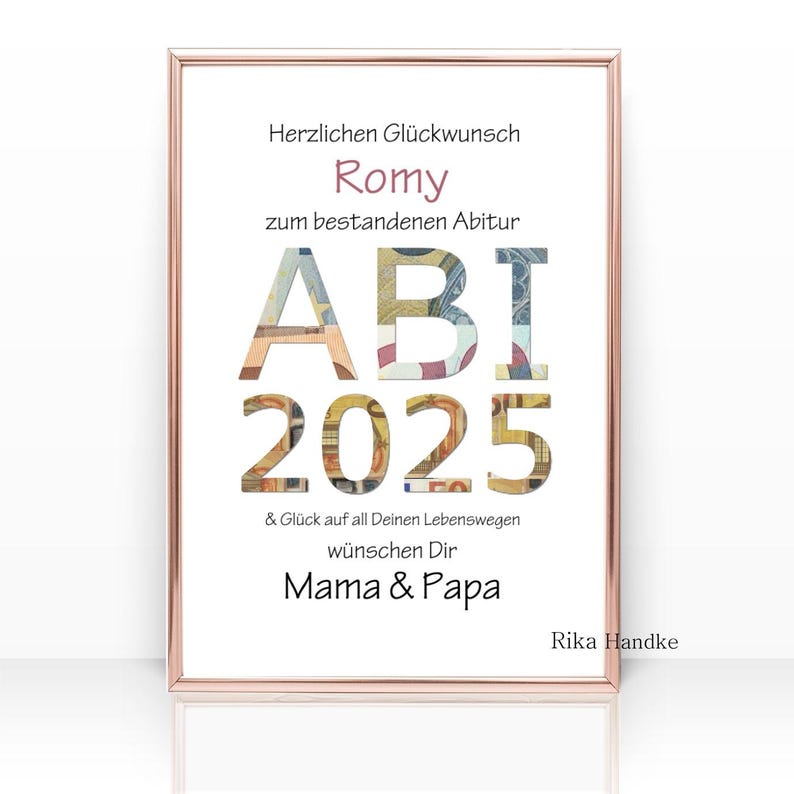 Schulabschluss Geldgeschenk zum Abitur, Abi, Matura 2025. 
Moderne Geld Geschenk Karte, als personalisiertes Poster Geldgeschenk, mit persönlichen Namen, darunter den ausgeschnittenem Abi Schriftzug mit Datum. Hinter dem ausgeschnittenen Motiv wird dann das Geld gelegt. Poster mit dem Geld rahmen und verschenken. Nach der Geldentnahme kann ein Bild hinter dem Schriftzug gelegt werden. Ein perfektes und stilvolles Schulabschluss Geschenk