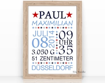 Personalisierte Geburtsanzeige, Babyposter Geschenk Geburt, Geburtsposter, Baby Geschenk, Kinderzimmerbild, Taufe Mädchen, Junge, Namensbild