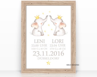 Twins - Personalized birth announcement, baby poster gift birth, birth poster, baby gift, birth board, name picture