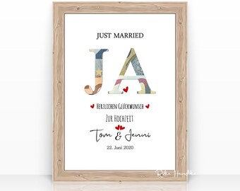 Personalized money gift card for weddings with a "Yes" motif – a creative wedding gift for bridal couples to frame and give as a present