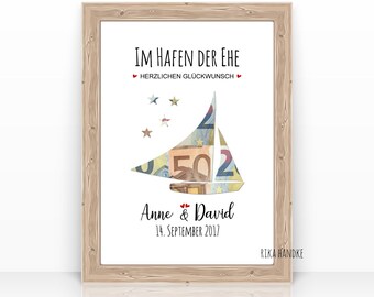 Wedding Gift Card | Money Gift Card for Weddings | Personalized Wedding Gift Boat | Just Married | A4 Poster