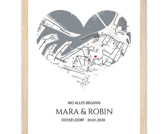 Hochzeitsgeschenk Wo alles begann Poster Herz im Stadtkarte Design | Poster Geschenk Herzmotiv | Zuhause Poster Druck | Stadtposter Bild