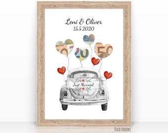 Money Gift Wedding-Just Married-Personalized Money Gift Car Wedding Gift Wedding Poster with Name Picture Gift Bridal Couple