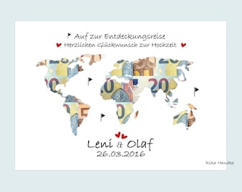 Wedding gift world map - personalized wedding money gift card - wedding present - money gift - A4 poster