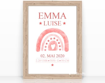 Regenbogen - Personalisierte Geburtsanzeige, Babyposter Geschenk Geburt, Geburtsposter, Baby Geschenk, Taufe Mädchen, Namensbild