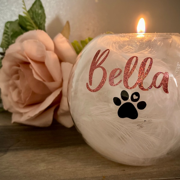 Personalised Glass Round Tealight Holder. Pet Loss, Dog, Cat