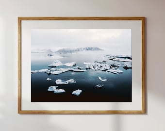 Jökulsárlón Glacier Lagoon Print - Framed Iceland Mountain Landscape Photo, Blue Canvas Wall Art, Home Decor, Nature Gift