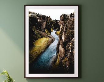 Fjaðrárgljúfur Canyon Iceland - Print, Framed, Canvas - Dyrhólaey Iceland Landscape Nature Photo - Original Wall Art, Blue Home Decor, Gift