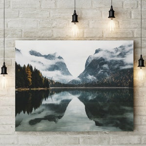 Mountain Lake Print, Dolomites Landscape Photography, Toblacher See Lago di Dobbiaco, Canvas, Framed Wall Art, Italy