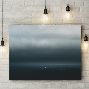 Calming Landscape Photo - Lone Sailing Boat in the Minch West Coast of Scotland Blue Minimalist Landscape Wall Art from the UK Canvas Framed