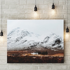 Scottish Landscape Print - Glencoe Photo Poster Snow Capped Mountains Over White Cottage - Home Decor Framed Pictures Canvas Wall Art