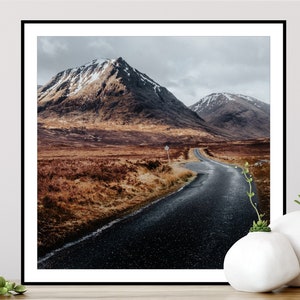 Skyfall - Scotland Mountain Road Print, Glencoe Scottish Highlands Gift, Glen Etive Landscape Photo, Large Wall Art, Square Canvas Framed