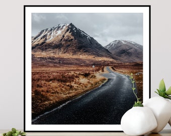 Skyfall - Scotland Mountain Road Print, Glencoe Scottish Highlands Gift, Glen Etive Landscape Photo, Large Wall Art, Square Canvas Framed