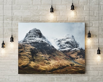 WINTER MOUNTAIN PRINT - Original Scotland Landscape Photo - Glencoe Two Sisters Valley - Unframed, Framed of on Canvas - Nature Wall Art