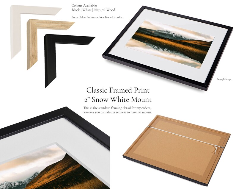May include: A framed print with a landscape image, featuring a black frame and a white mount. The image shows a mountain range reflected in water. The text reads "Classic Framed Print" and "2" Snow White Mount".