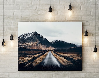 Scotland Mountain Road Print - Glencoe Glen Etive Landscape Photography Wall Art. On Canvas, Framed or Unframed. Scottish Highland Gift.