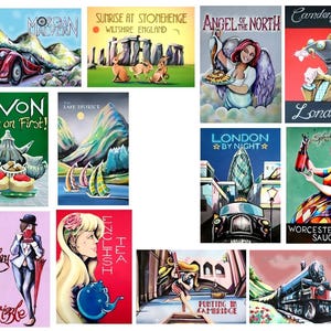 May include: A collection of 10 colourful vintage-style travel posters featuring various landmarks and scenes from England. The posters include images of Stonehenge, the Angel of the North, a red double-decker bus, a steam train, and a teapot. The posters are all in a similar style, with bold lettering and bright colours.
