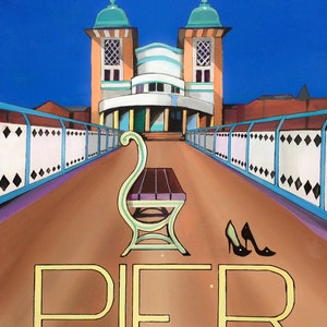 May include: A colorful illustration of the Penarth Pier with a bench and a pair of high heels on the boardwalk. The text "PENARTH PIER" is written in yellow.