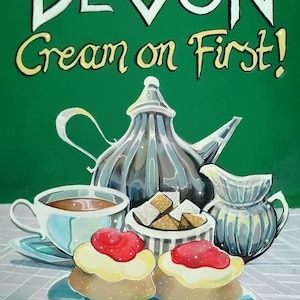 Devon - ¡Primero la crema! Obra de arte pintada a mano de Devon - Nostalgia de Devon - Impresión de Devon - Diversión de Devon - Impresión Art Déco para decoración del hogar - Regalo Art Déco