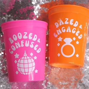 DAZED & ENGAGED CUPS Boozed and Confused for Retro Bachelorette | Bride’s Last Disco, Bach to the 70s, Cowgirl Disco, Groovy Bachelorette