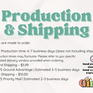 May include: Text graphic with the words "Production & Shipping" in teal. Additional text states that all cups are made to order, with a production time of 4-7 business days. A small clock graphic is included.
