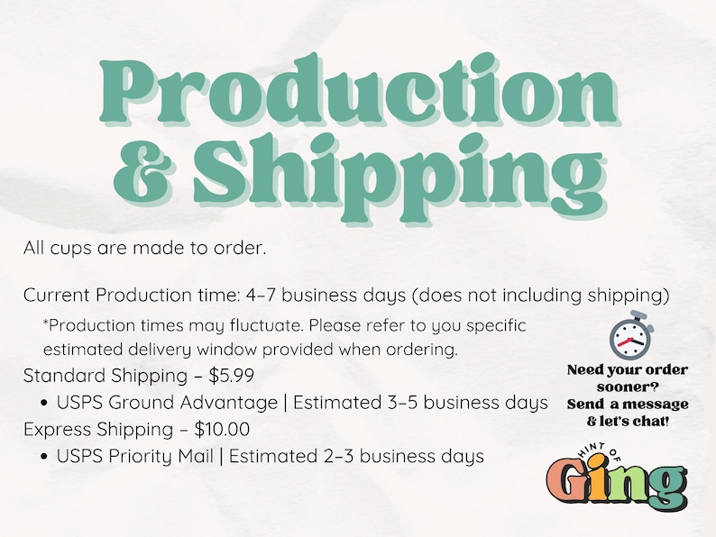 May include: Text graphic with the words "Production & Shipping" in teal. Additional text states that all cups are made to order, with a production time of 4-7 business days. A small clock graphic is included.