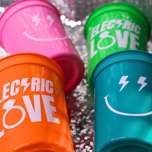 ELECTRIC LOVE Cups | 90s Bachelorette, Neon Party Favors, Bach to the 90s, Smiley Cups, Lightening Party Decor