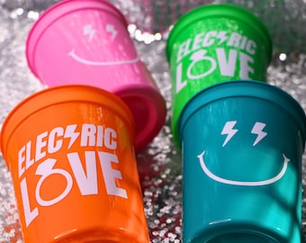 ELECTRIC LOVE Cups | 90s Bachelorette, Neon Party Favors, Bach to the 90s, Smiley Cups, Lightening Party Decor