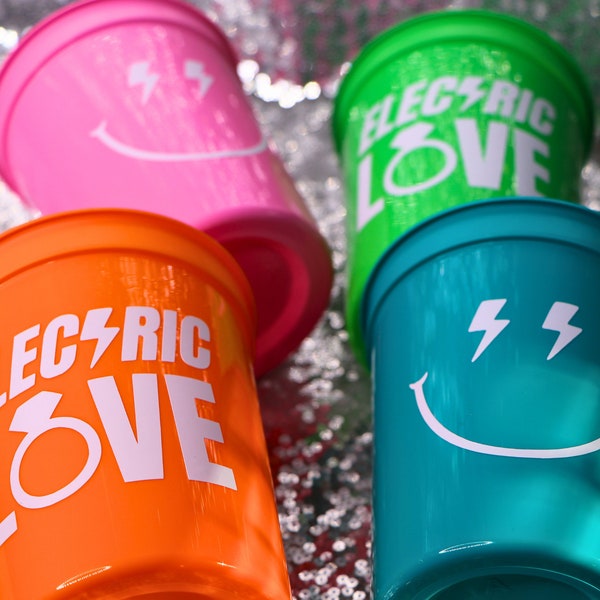 ELECTRIC LOVE Cups | 90s Bachelorette, Neon Party Favors, Bach to the 90s, Smiley Cups, Lightening Party Decor