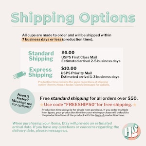 May include: A graphic with the text "Shipping Options" in a light green color. The text describes shipping details, including standard and express options, and a note about free shipping for orders over $50.