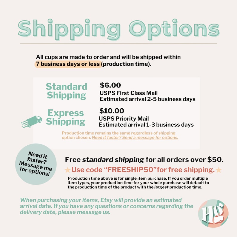 May include: A graphic with the text "Shipping Options" in a light green color. The text describes shipping details, including standard and express options, and a note about free shipping for orders over $50.