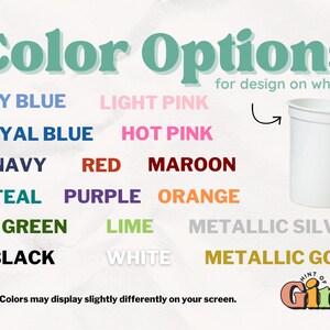 Op de afbeelding: Afbeelding met kleuropties voor een ontwerp op een witte beker. Kleuren zijn hemelsblauw, lichtroze, koningsblauw, felroze, marine, rood, kastanjebruin, blauwgroen, paars, oranje, groen, limoen, zwart, wit, metallic zilver en metallic goud.