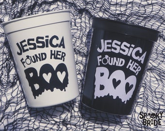 Personalized Spooky Bride Found Her Boo Plastic Party Cups | Spooky Halloween Bachelorette Engagement Party Boochelorette Favors Decor