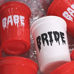 SPOOKY BRIDE & BABE Groom Cups for True Crime Bachelorette Party, Death of a Bachelorette, Boochelorette Decor, Slasher Bash Bach