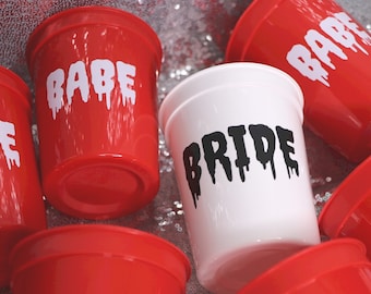 SPOOKY BRIDE & BABE Groom Cups for True Crime Bachelorette Party, Death of a Bachelorette, Boochelorette Decor, Slasher Bash Bach