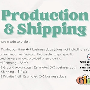 May include: Text graphic with the words "Production & Shipping" in teal. Additional text states that all cups are made to order, with a production time of 4-7 business days. A small clock graphic is included.