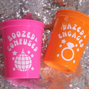 DAZED & ENGAGED CUPS Boozed and Confused for Retro Bachelorette | Bride’s Last Disco, Bach to the 70s, Cowgirl Disco, Groovy Bachelorette